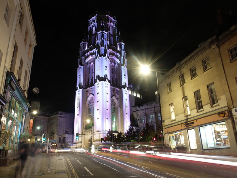 Wills Memorial Building exterior at night, with up-lighting, viewed from Park Street